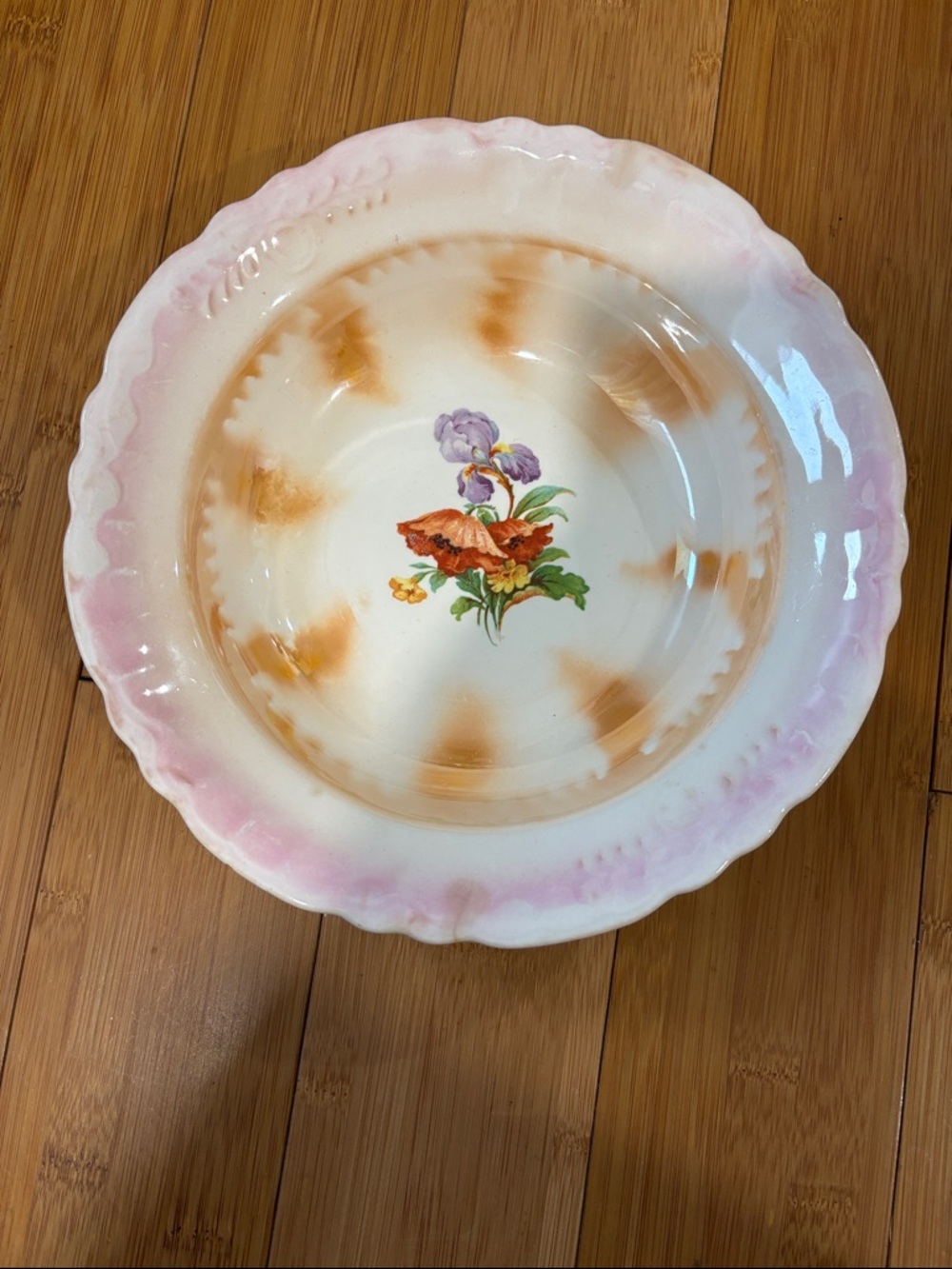 Vintage Floral Serving Bowl - Pink Rim